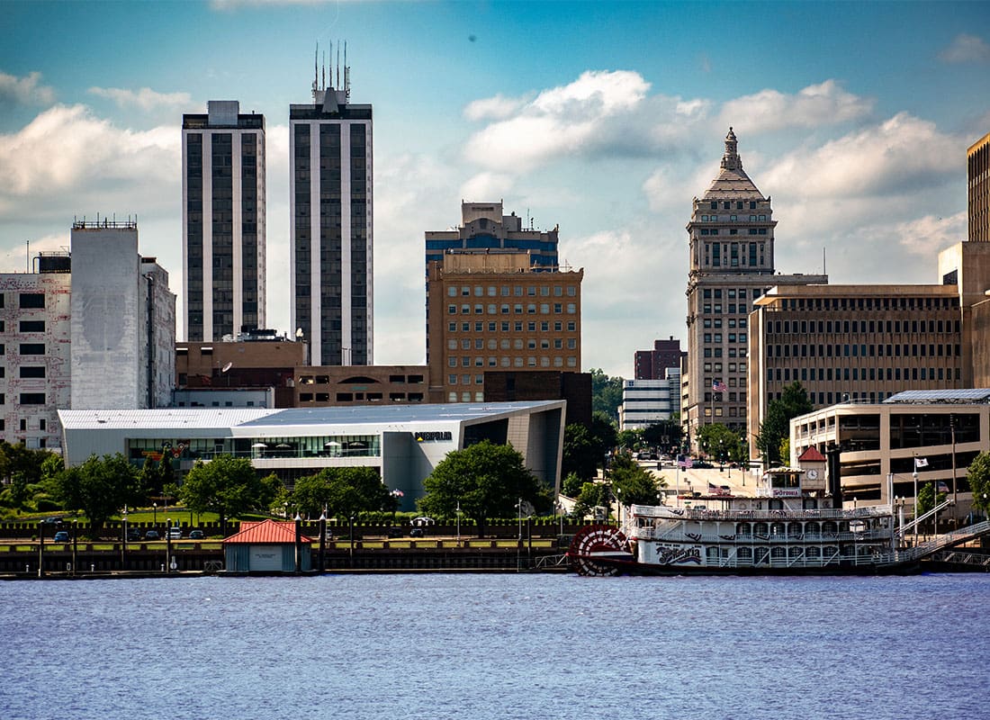 East Peoria, IL - View of Buildings Across the River in Downtown East Peoria Illinois on a Sunny Day
